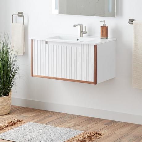 32" Bisbee Wall-Mount Vanity and Sink - Matte White with Warm Oak Frame