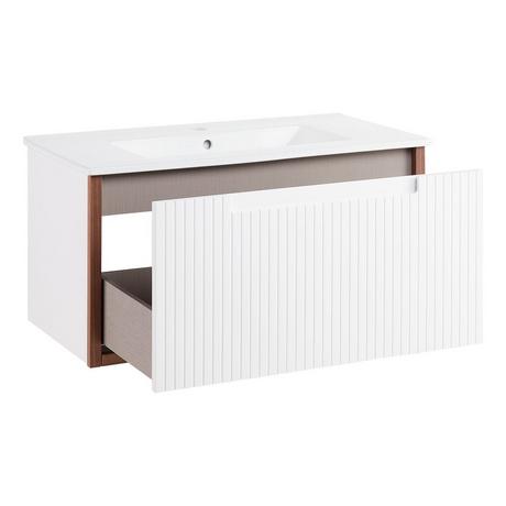 32" Bisbee Wall-Mount Vanity and Sink - Matte White with Warm Oak Frame