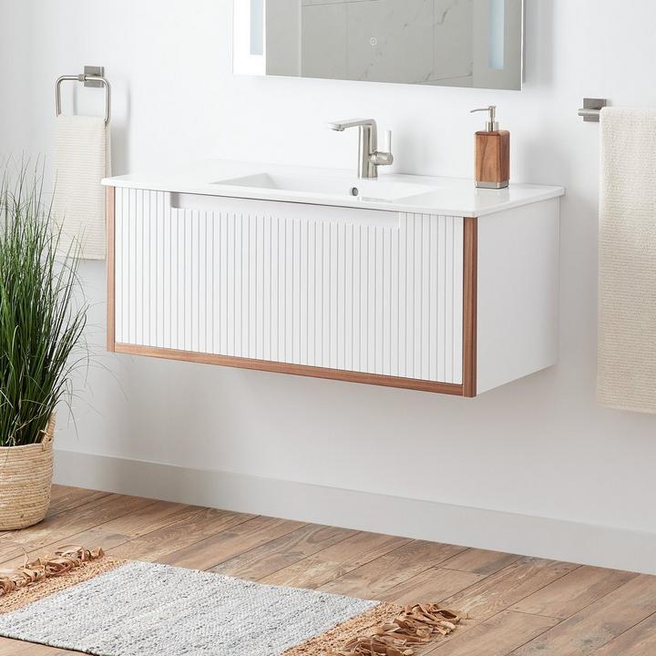 40" Bisbee Wall-Mount Vanity and Sink in Matte White with Warm Oak Frame for installing a floating vanity