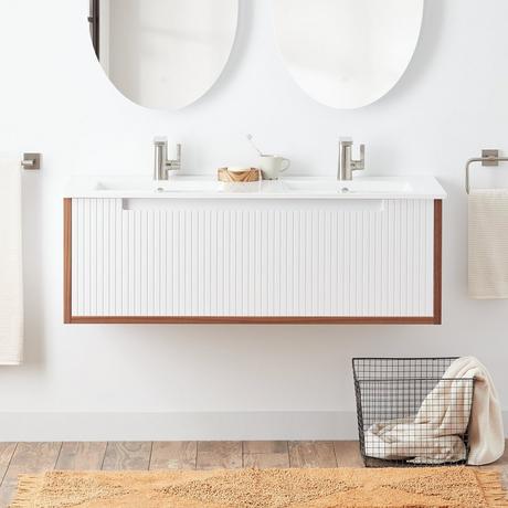 48" Bisbee Wall-Mount Double Vanity and Sinks - Matte White with Warm Oak Frame