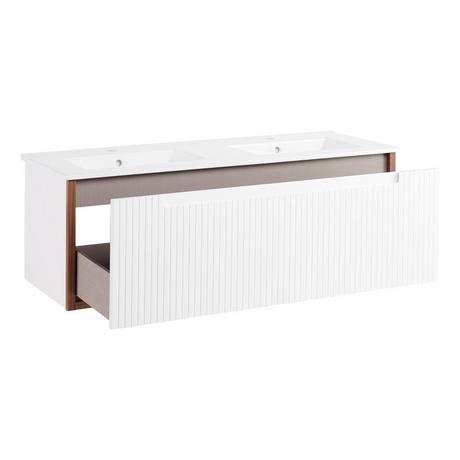 48" Bisbee Wall-Mount Double Vanity and Sinks - Matte White with Warm Oak Frame