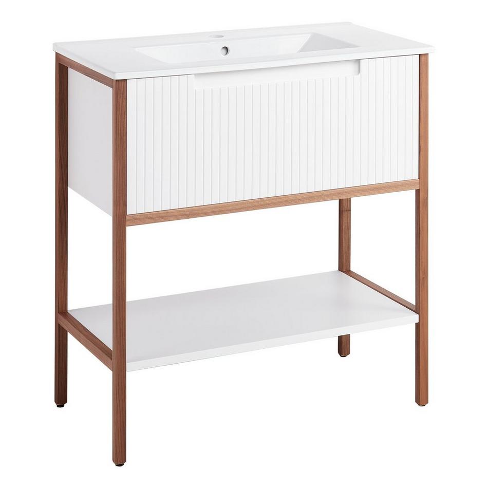 32" Bisbee Console Vanity and Sink - Matte White with Warm Oak Frame, , large image number 1