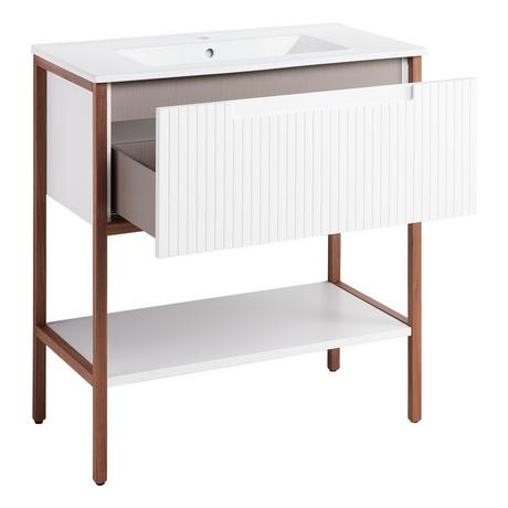 32" Bisbee Console Vanity and Sink - Matte White with Warm Oak Frame