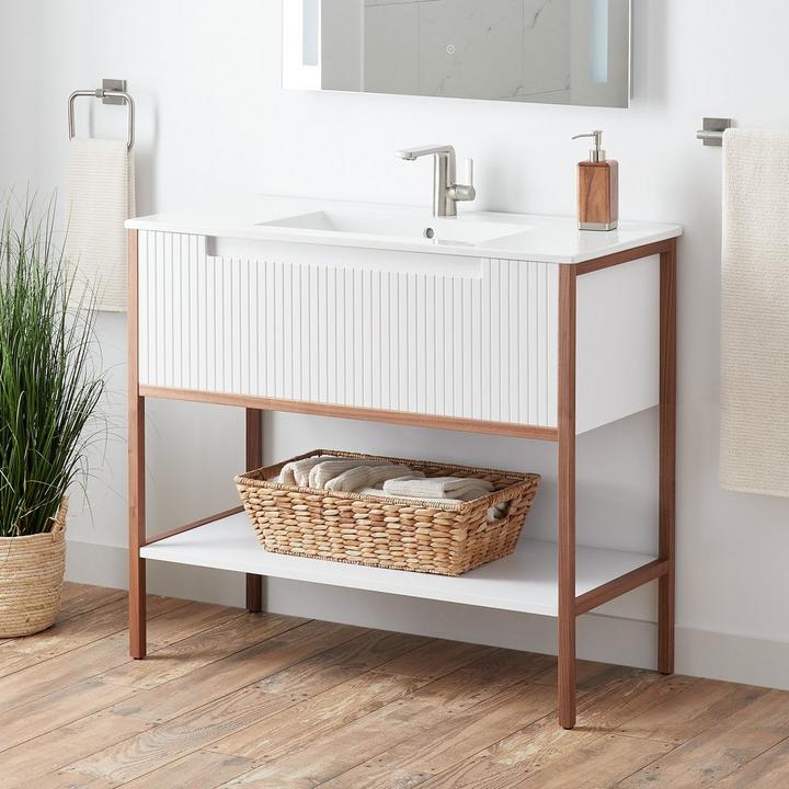 40" Bisbee Console Vanity and Sink in Matte White with Warm Oak Frame