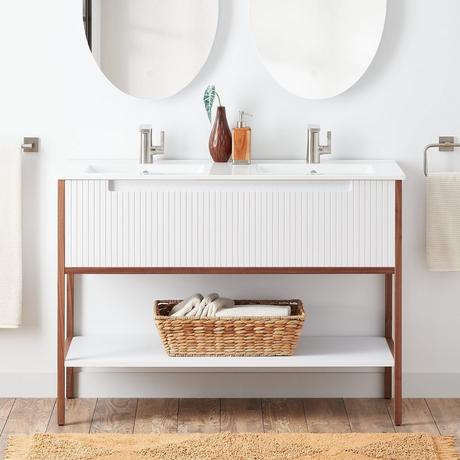 48" Bisbee Console Double Vanity and Sinks - Matte White with Warm Oak Frame