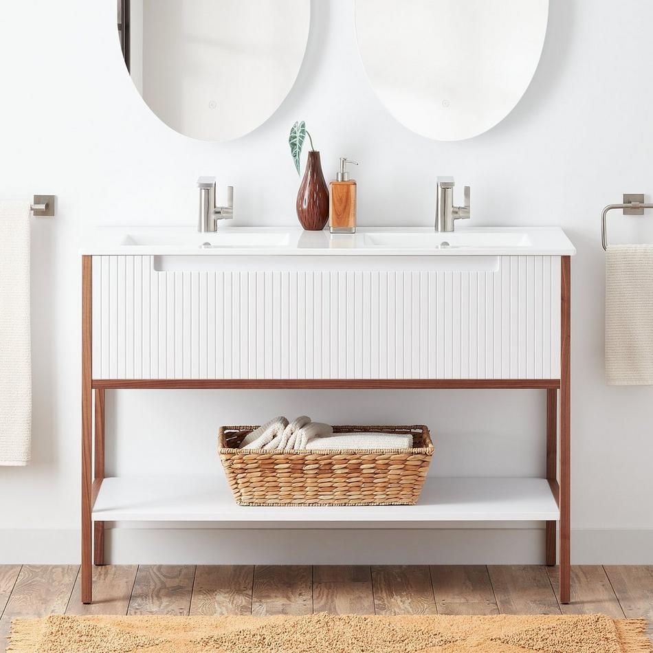 48" Bisbee Console Double Vanity and Sinks - Matte White with Warm Oak Frame, , large image number 0