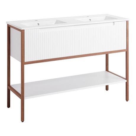 48" Bisbee Console Double Vanity and Sinks - Matte White with Warm Oak Frame