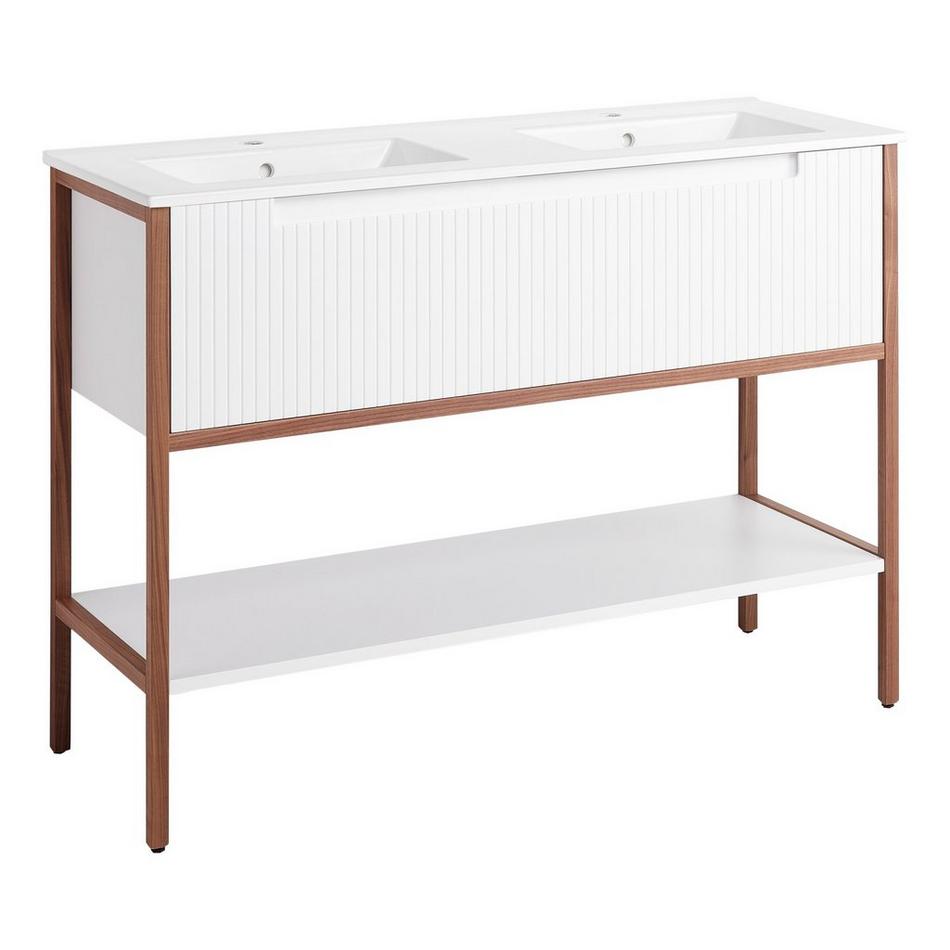 48" Bisbee Console Double Vanity and Sinks - Matte White with Warm Oak Frame, , large image number 1