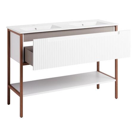 48" Bisbee Console Double Vanity and Sinks - Matte White with Warm Oak Frame