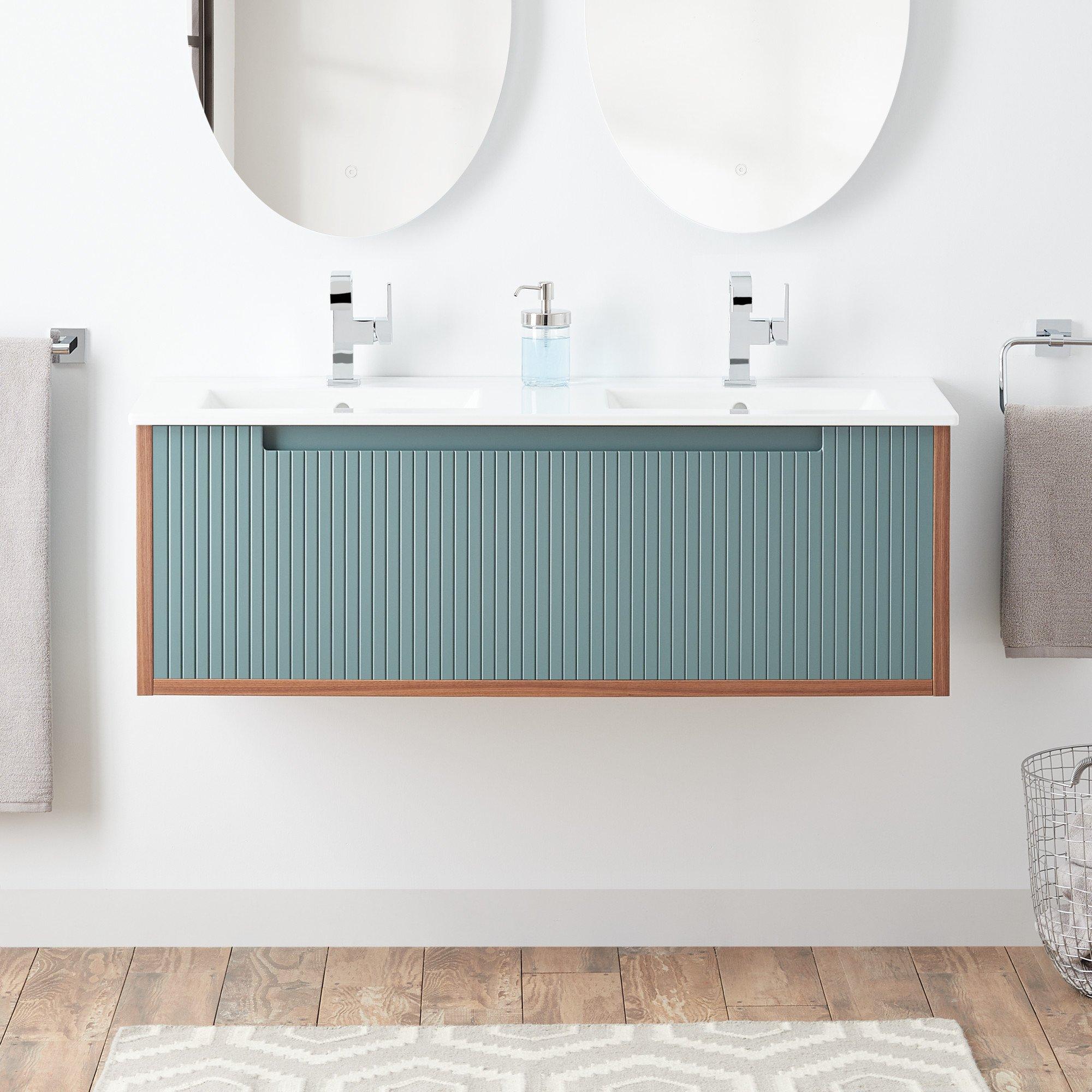 48 inch Bisbee Wall-Mount Double Vanity and Sinks - Sage Green with Warm Oak Frame