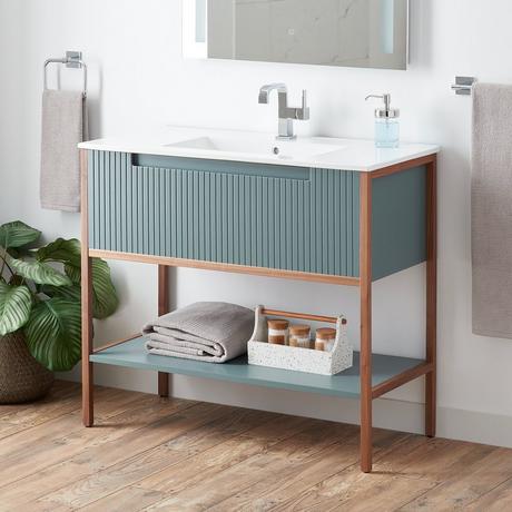 40" Bisbee Console Vanity and Sink - Sage Green with Warm Oak Frame