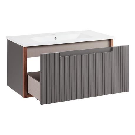 32" Bisbee Wall-Mount Vanity and Sink - Muted Gray with Warm Oak Frame