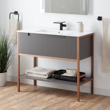 40" Bisbee Console Vanity and Sink - Muted Gray with Warm Oak Frame