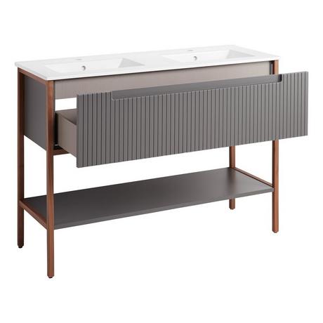 48" Bisbee Console Double Vanity and Sinks - Muted Gray with Warm Oak Frame