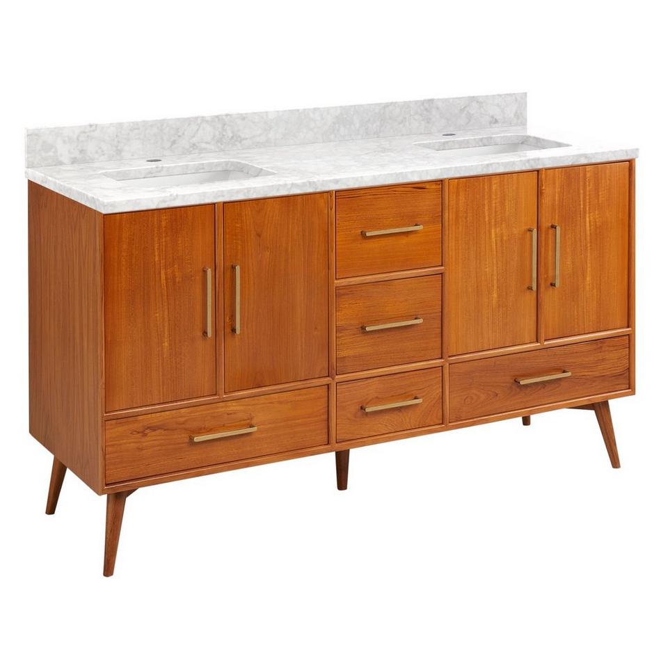 60" Novak Double Teak Vanity with Rectangular Undermount Sinks - Teak - Carrara - Single Hole, , large image number 0