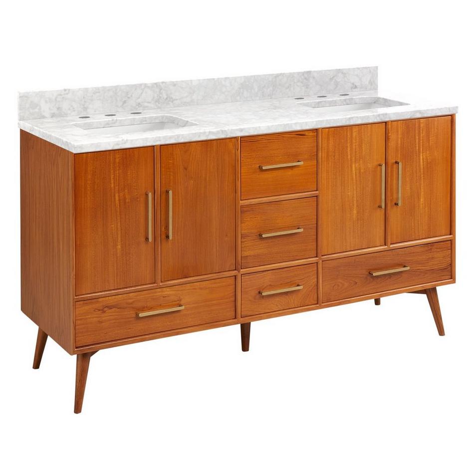 60" Novak Double Teak Vanity with Rectangular Undermount Sinks - Teak - Carrara - Widespread, , large image number 0