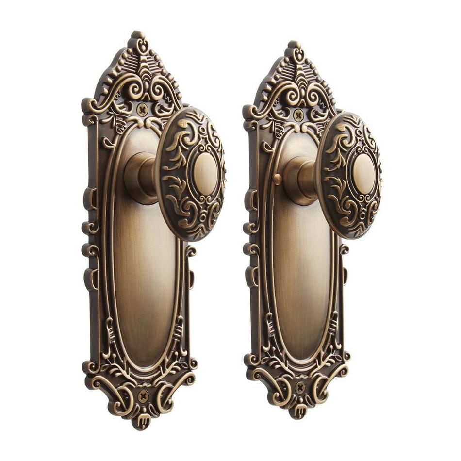 Oval Mortice Door Knobs on Square Plate Antique Satin Brass