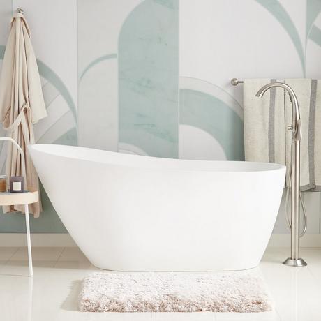 60" Sheba Solid Surface - Matte White Freestanding Tub - Integral Overflow & White Drain