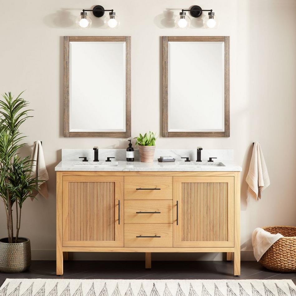 60" Ayanna Dbl Vanity with Rectangular Undermount Sinks - Natural Mindi - Carrara Marble Widespread, , large image number 0