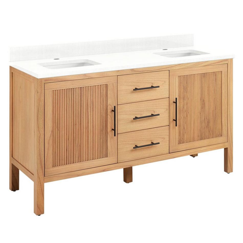 60" Ayanna Dbl Vanity with Rect Undermount Sinks -Natural Mindi-Feathered White Quartz Single Hole, , large image number 0