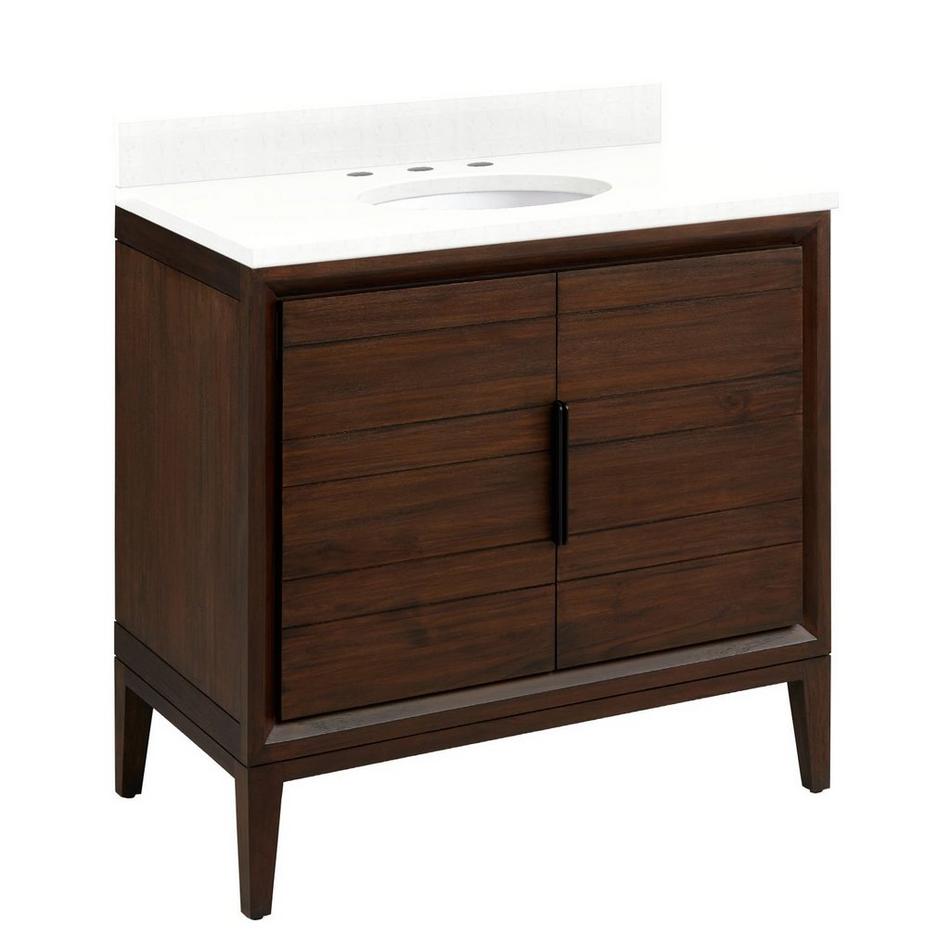 36" Aliso Teak Vanity with Undermount Sink - Java - Feathered White Quartz Widespread, , large image number 0