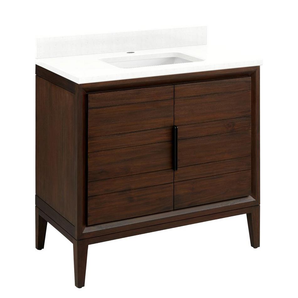 36" Aliso Teak Vanity with Rectangular Undermount Sink - Java - Feathered White Quartz Single Hole, , large image number 0