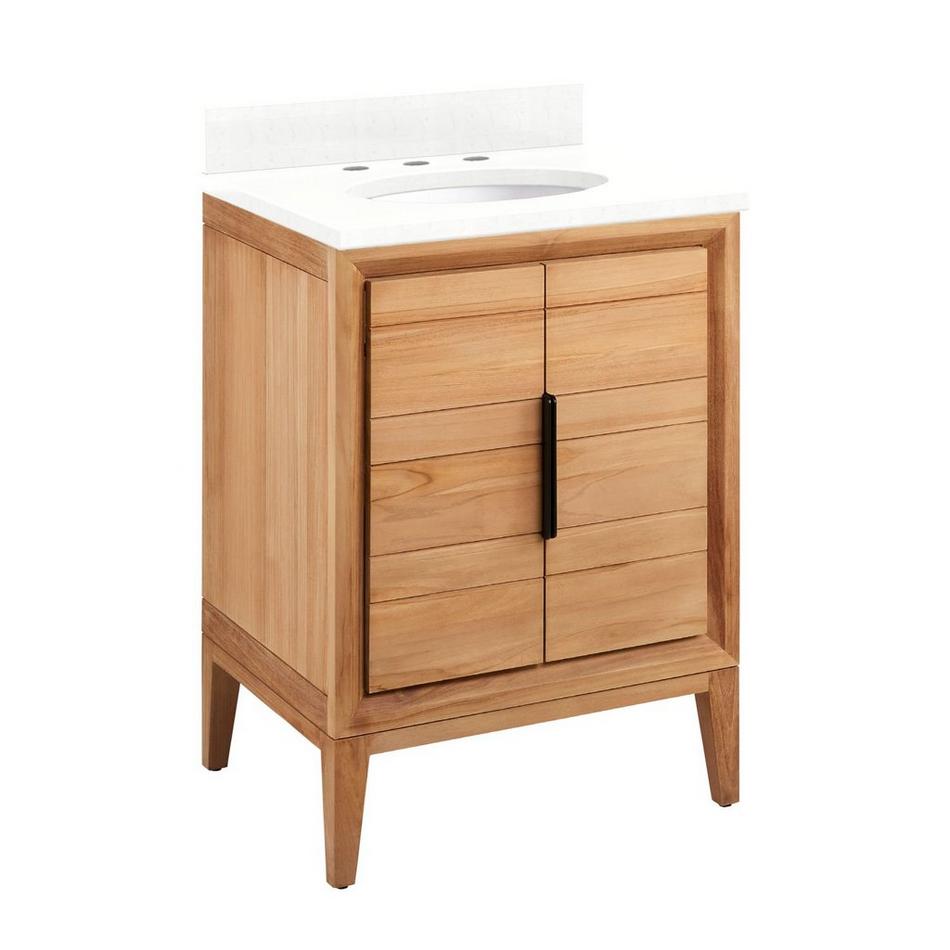 24" Aliso Teak Vanity with Undermount Sink - Natural Teak - Feathered White Quartz Widespread, , large image number 0