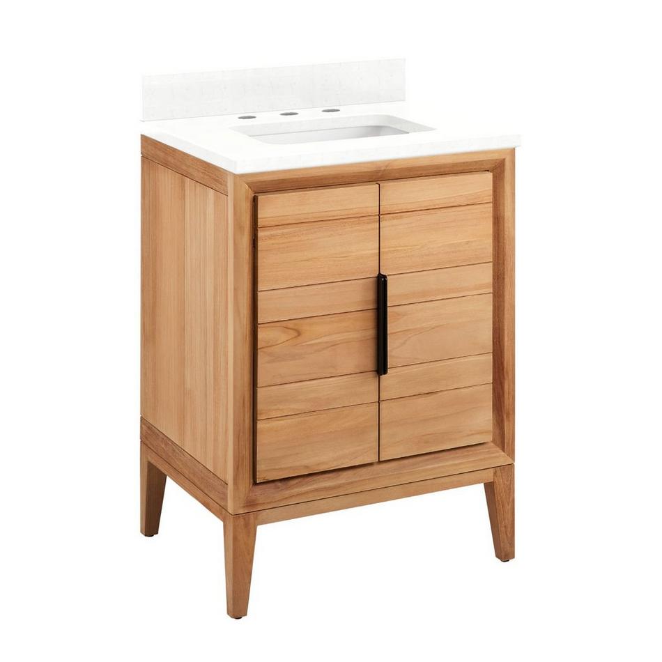 24" Aliso Teak Vanity with Rect Undermount Sink - Natural Teak - Feathered White Quartz Widespread, , large image number 0