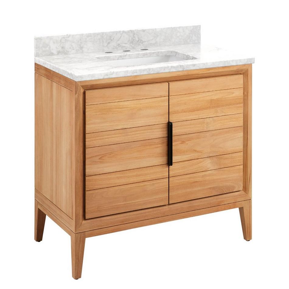 36" Aliso Teak Vanity with Rectangular Undermount Sink - Natural Teak - Carrara Marble Widespread, , large image number 0