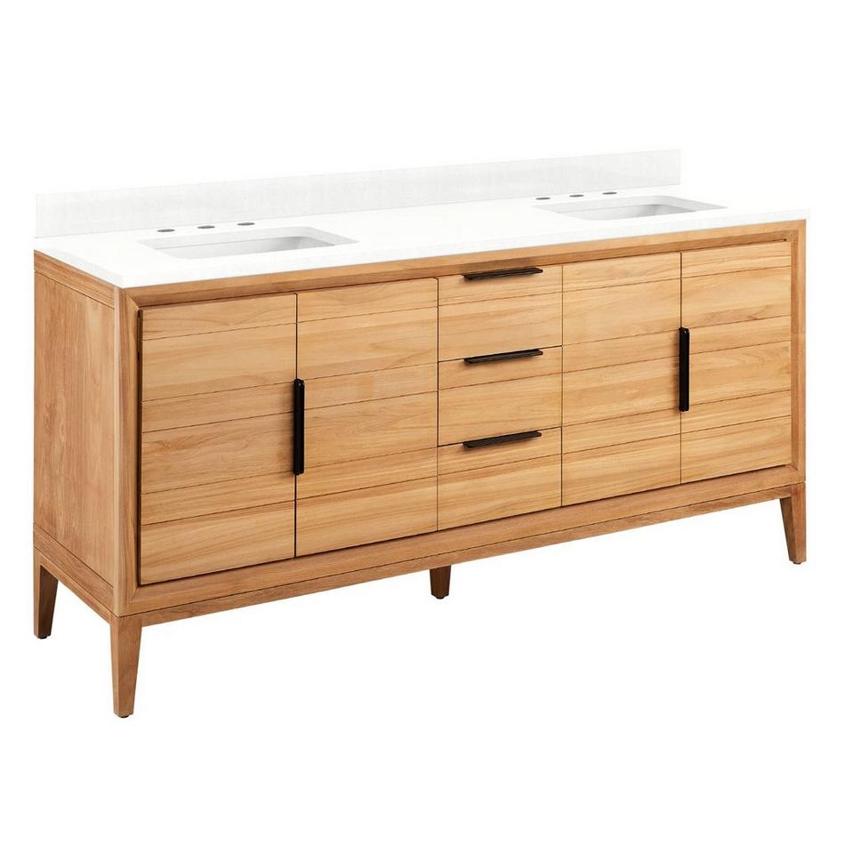 72" Aliso Double Vanity with Rect Undermount Sinks - Natural Teak -Feathered White Quartz Widespread, , large image number 0