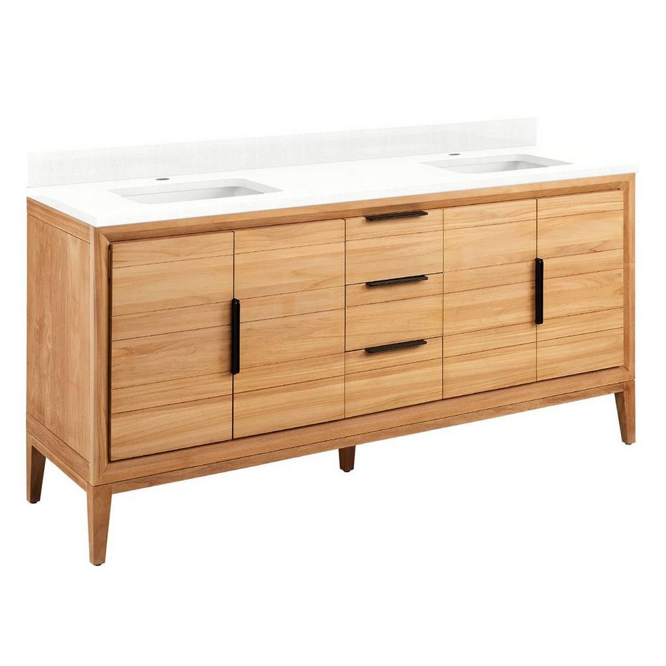 72" Aliso Double Vanity with Rect Undermount Sinks -Natural Teak-Feathered White Quartz Single Hole, , large image number 0