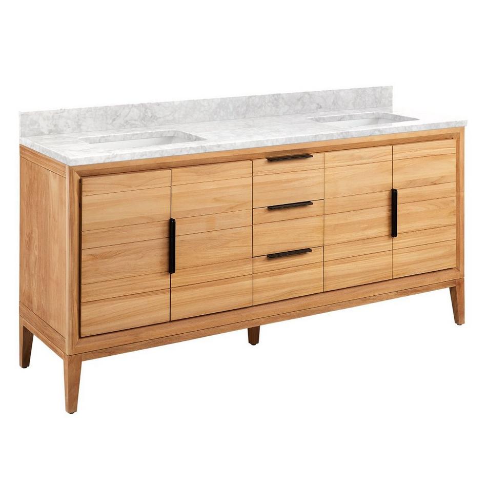72" Aliso Double Vanity with Rect Undermount Sinks - Natural Teak - Carrara Marble No Faucet Holes, , large image number 0
