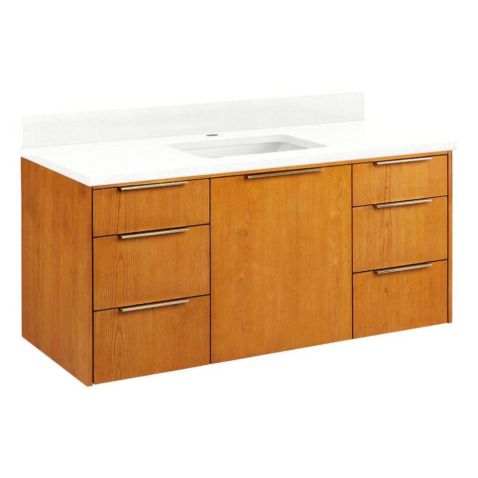 48" Dita Wall-Mount Vanity with Rect Undermount Sink -Honey Oak-Feathered White Quartz 1 Faucet Hole, , large image number 0