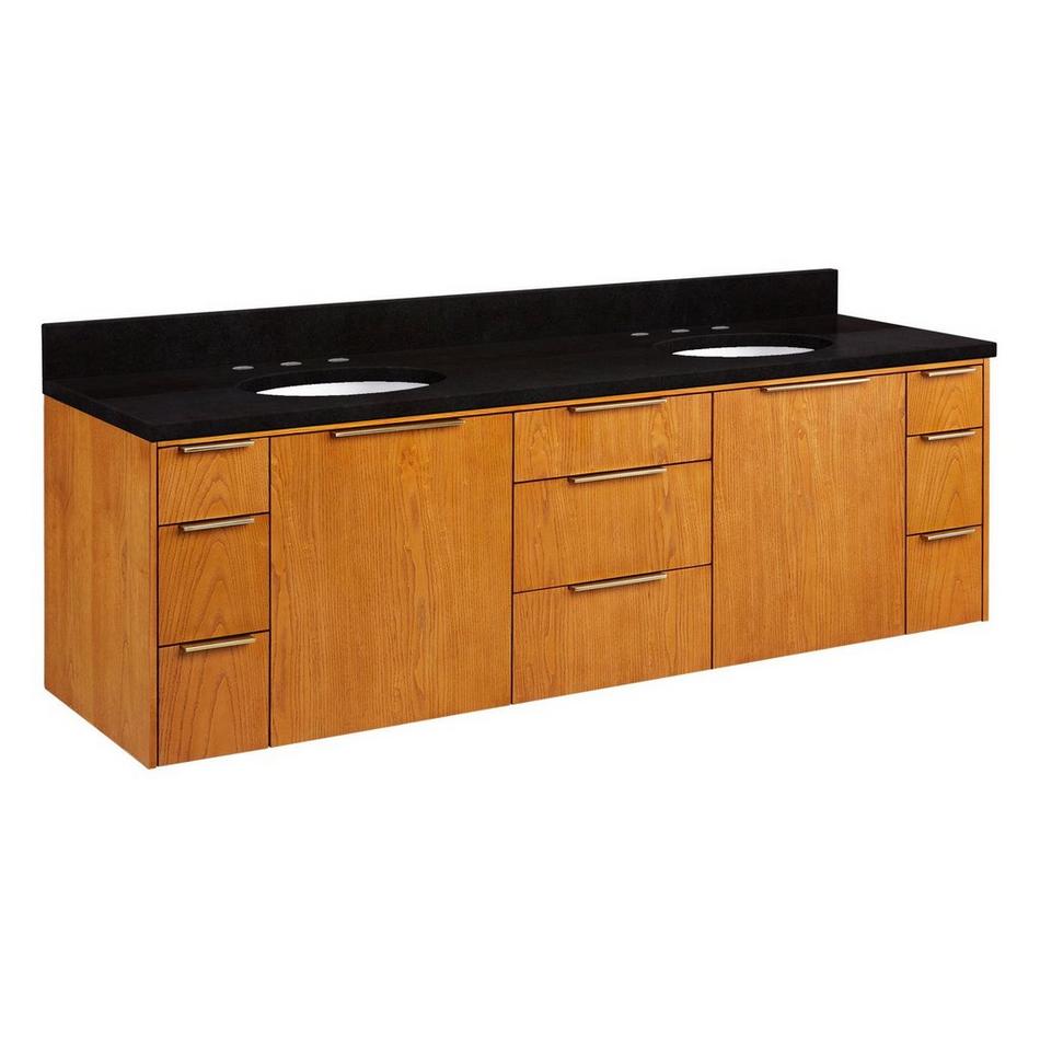 72" Dita Wall-Mount Double Vanity with Undermount Sinks -Honey Oak-Absolute Black Granite Widespread, , large image number 0