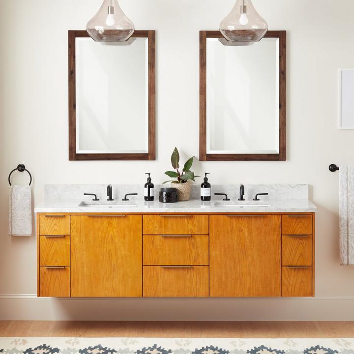 72" Dita Wall-Mount Double Vanity with Rectangular Undermount Sinks in Honey Oak for mid-century modern interior design