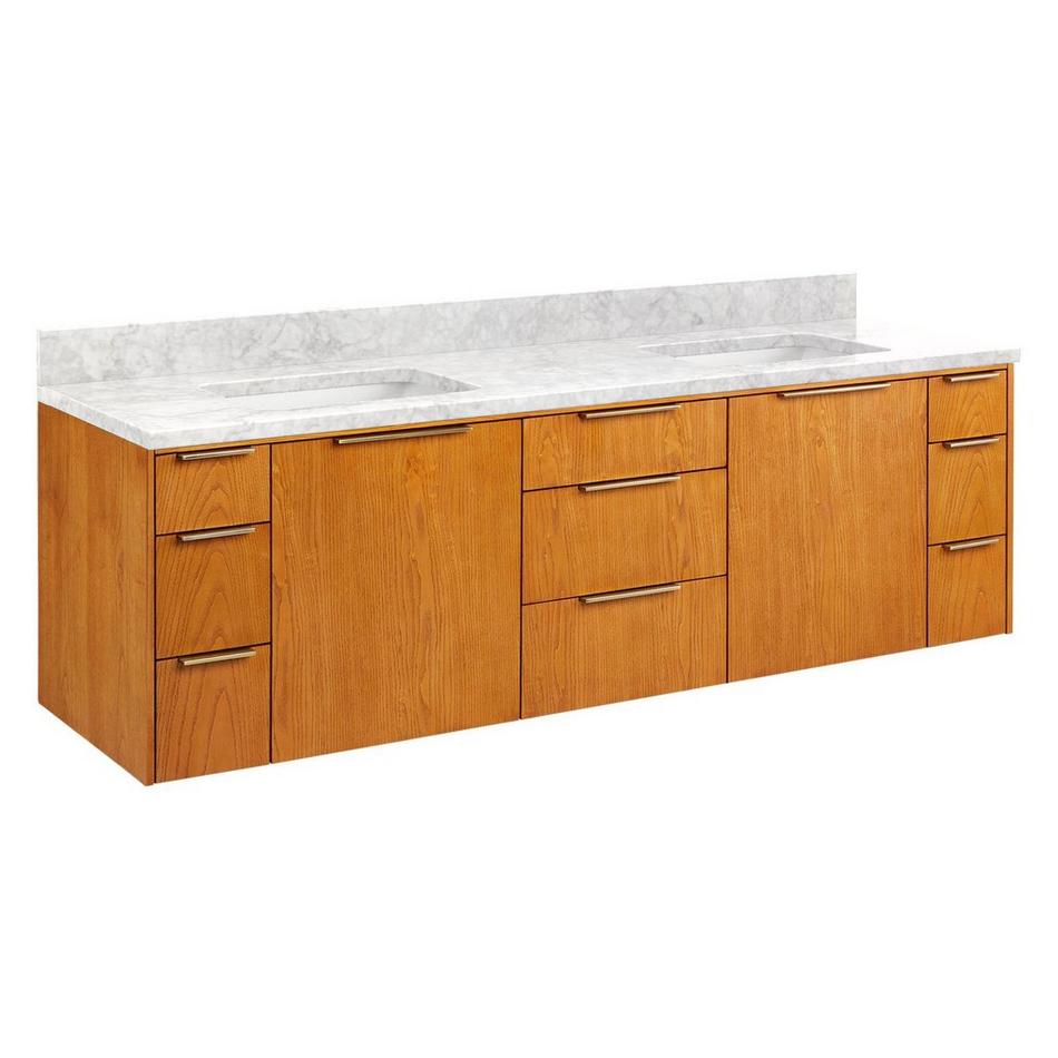 72" Dita Wall-Mount Double Vanity with Rect Undermount Sinks-Honey Oak-Carrara No Faucet Holes, , large image number 0