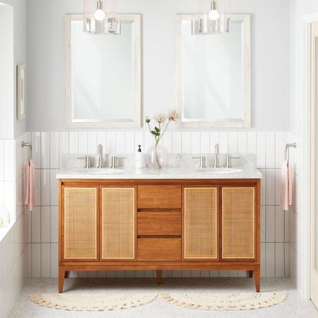 60" Simien Teak Double Vanity with Undermount Sinks - Natural Teak