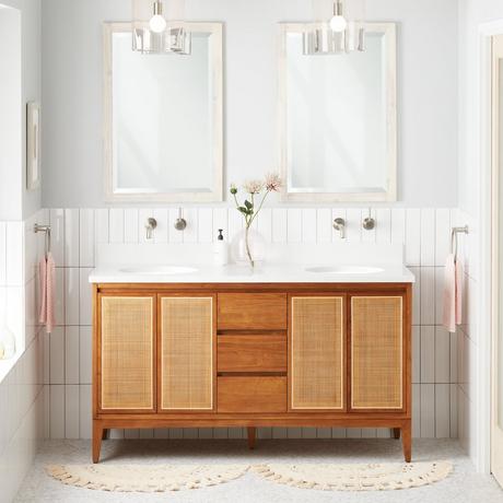 60" Simien Teak Double Vanity with Undermount Sinks - Natural Teak