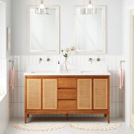 60" Simien Teak Double Vanity with Rectangular Undermount Sinks - Natural Teak