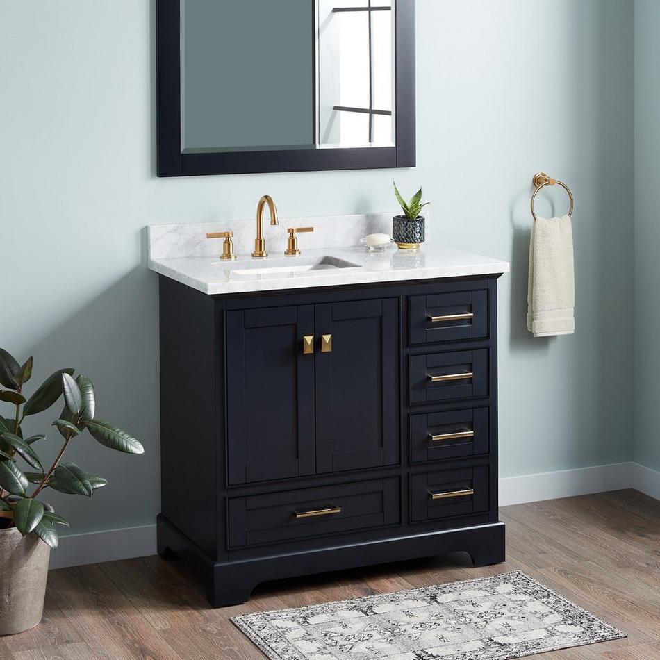 36" Quen Vanity With Left Offset Rect Undermount Sink - Midnight Navy Blue-Carrara Marble Widespread, , large image number 0