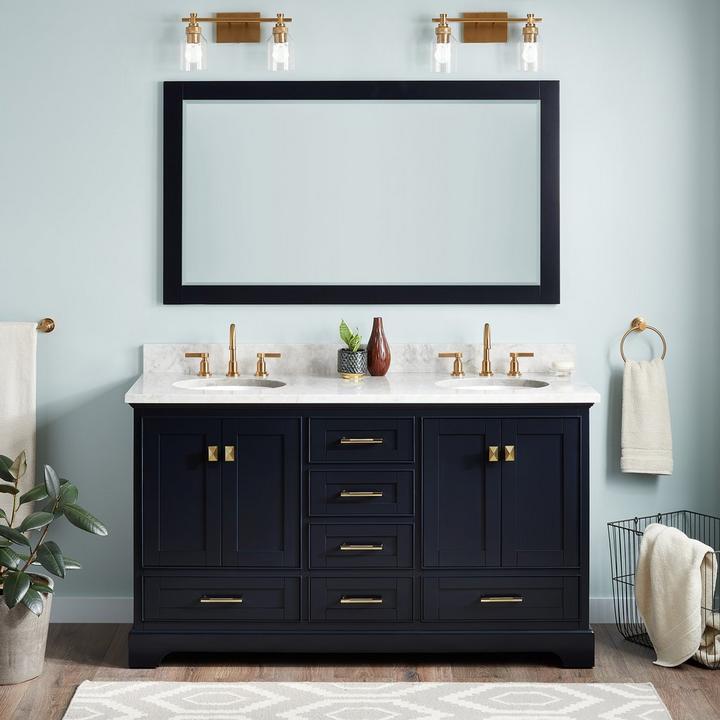 56" Fallbrook Vanity Mirror and 60" Quen Double Vanity in Midnight Navy Blue. Greyfield Widespread Faucet in Aged Brass