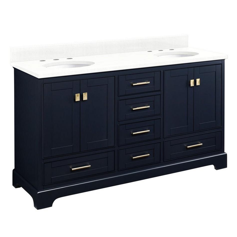 60" Quen Double Vanity With Undermount Sinks - Midnight Navy Blue -Feathered White Quartz Widespread, , large image number 0