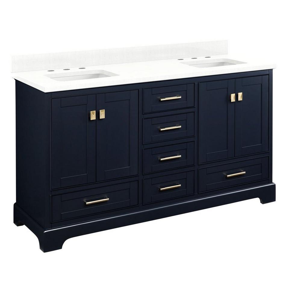 60" Quen Dbl Vanity With Rect Undermount Sinks -Midnight Navy Blue-Feathered White Quartz Widespread, , large image number 0
