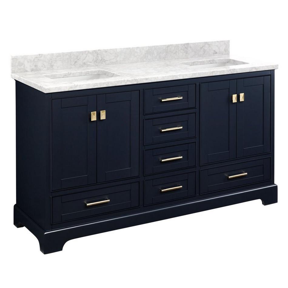 60" Quen Double Vanity With Rect Undermount Sinks -Midnight Navy Blue-Carrara Marble No Faucet Holes, , large image number 0