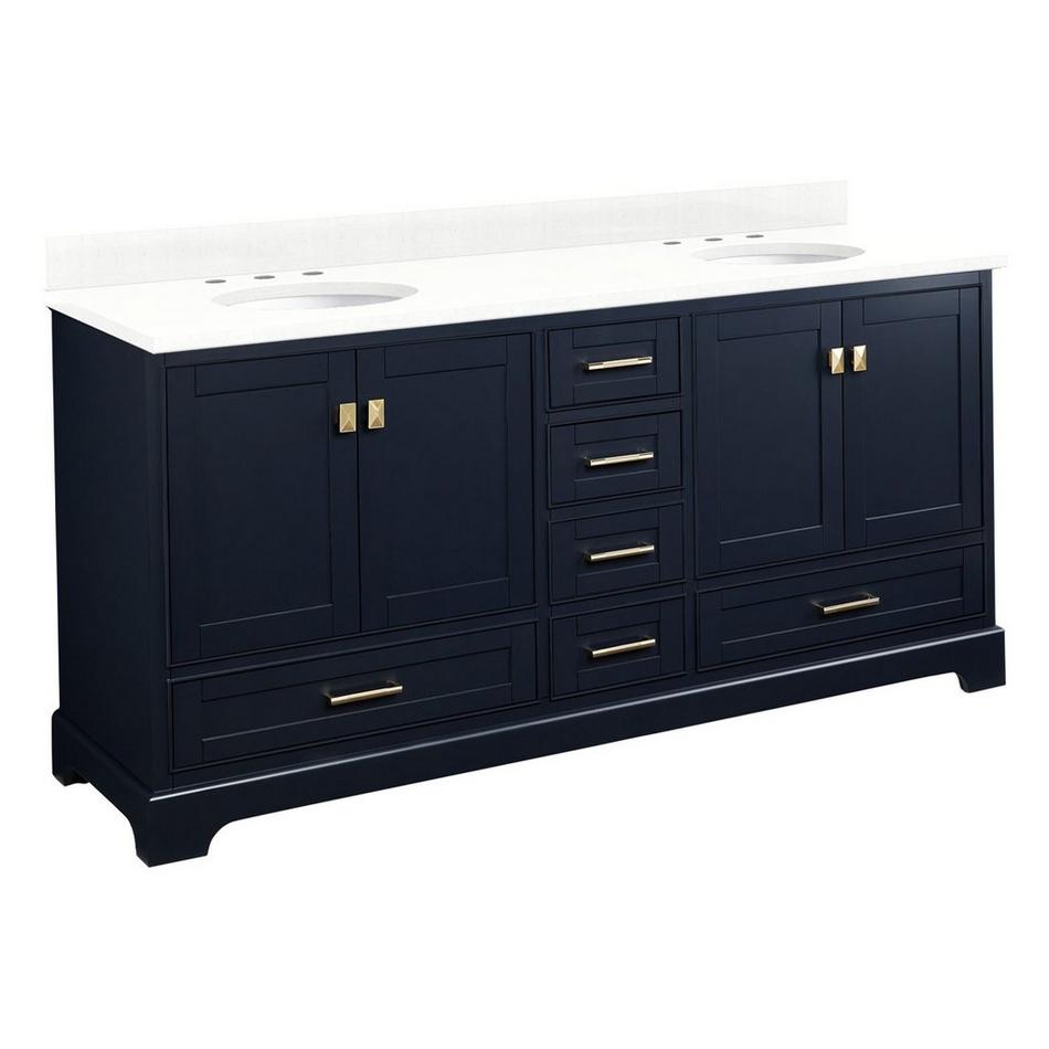 72" Quen Double Vanity With Undermount Sinks - Midnight Navy Blue -Feathered White Quartz Widespread, , large image number 0