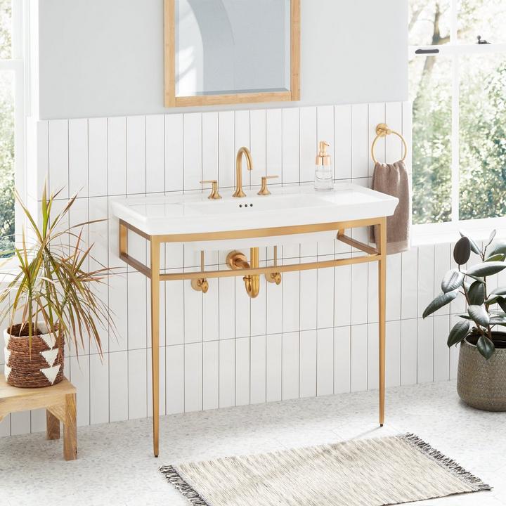 Olney Porcelain Console Sink with Metal Stand in Brushed Gold