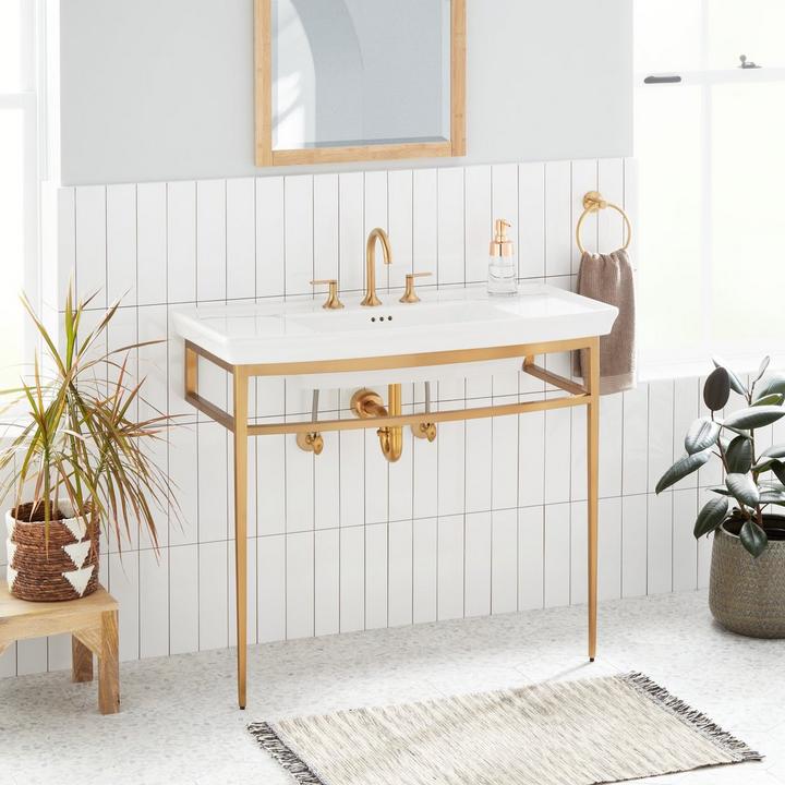 Olney Porcelain Console Sink with Metal Stand in Brushed Gold
