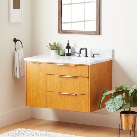 36" Dita Wall-Mount Vanity with Right Offset Rectangular Undermount Sink - Honey Oak