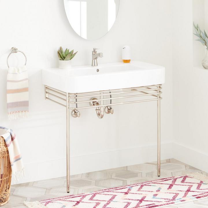 34" Burleson Porcelain Console Sink With Brass Stand in Polished Nickel