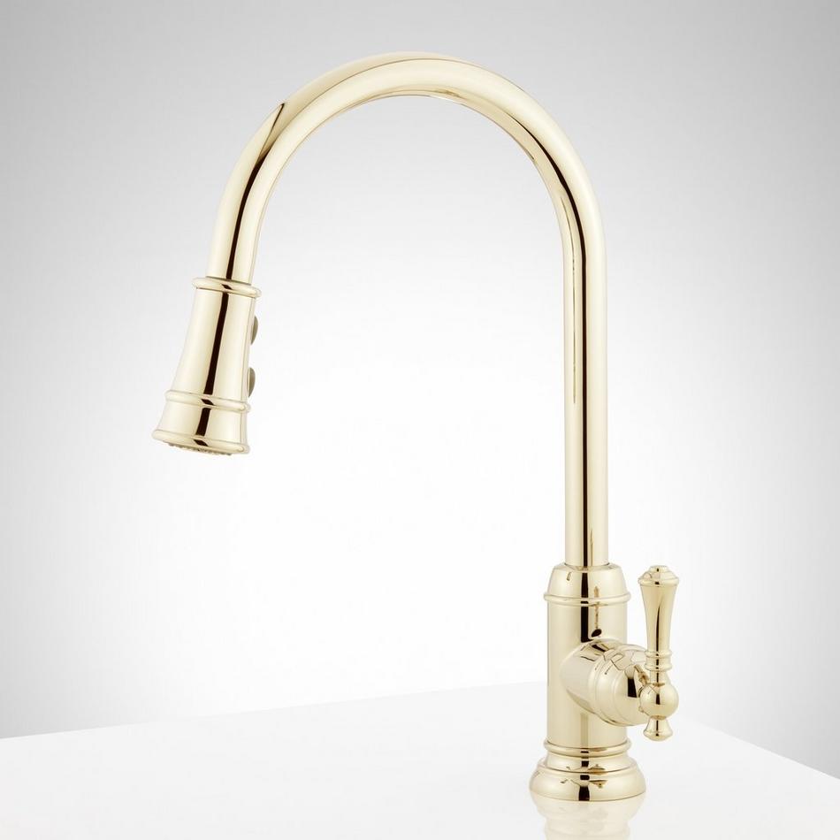 Amberley Single-Hole Pull-Down Spray Kitchen Faucet - Polished Brass, , large image number 2